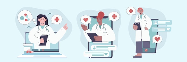 Vector illustrations set of doctors uses internet to treat patients