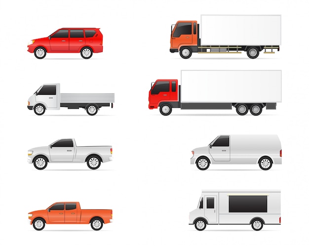 ベクトル 商業輸送、車、バン、および配達用トラックのイラストセット