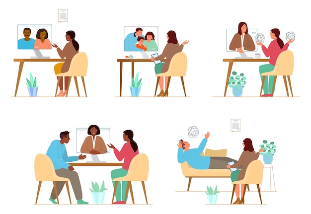  Illustrations Set Of Online And Offline Psychotherapy Sessions With Woman Psychologist. Family Therapy And Individual Treatment.