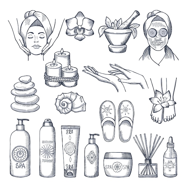 Vettore illustrazioni impostate per il salone della stazione termale. candele, oli e pietre, idroterapia. terapia di bellezza e relax termale per il benessere