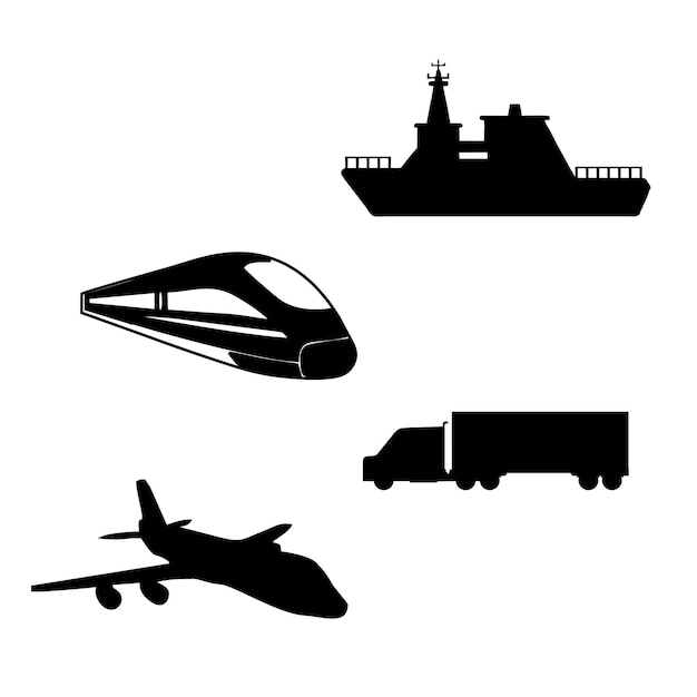 Vector illustrations or silhouettes of land sea and air vehicles