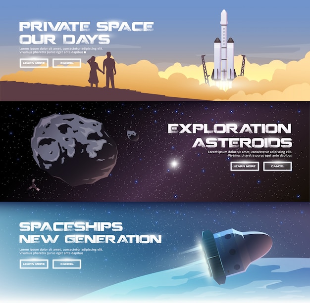 Illustrations on the theme: astronomy, space flight, space exploration, colonization, space technology. the web banners. private spaces. asteroids. spaceships of the new generation.