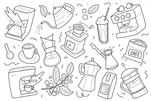 Illustrations of tools and utensils for making coffee