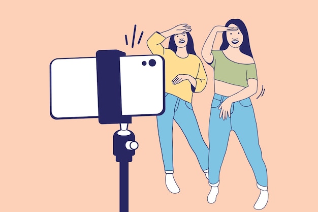 Vector illustrations of two beautiful  girl happy recording dancing video with smartphone for tiktok