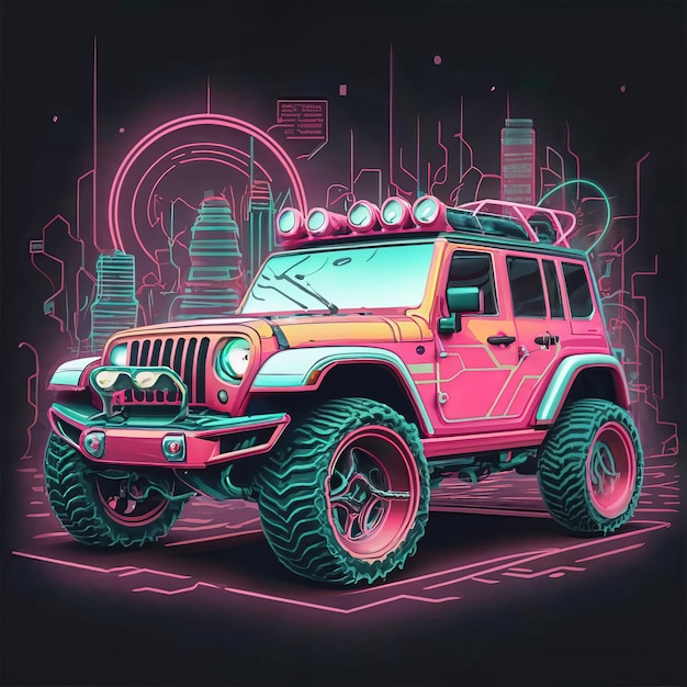 Illustrazioni veicolo vettoriale jeep suv neon light t shirt design