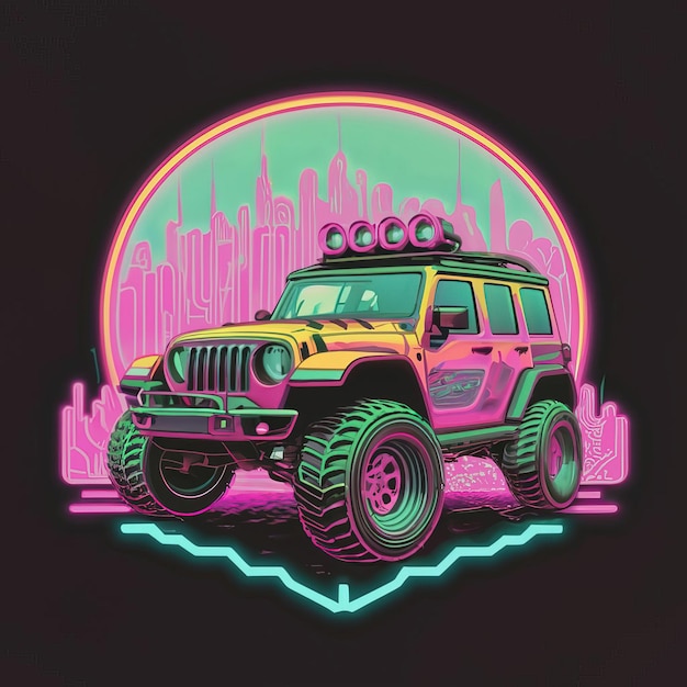 Illustrazioni veicolo vettoriale jeep suv neon light t shirt design