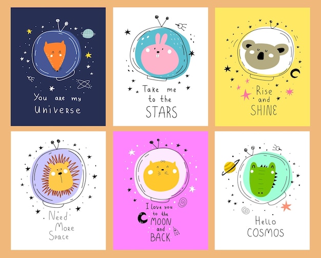 Vector illustrations with cartoon space animals