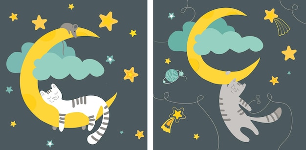 Vector illustrations with cats moons mouse and comets