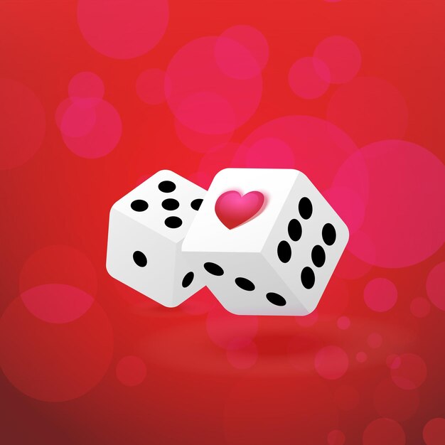 Vector illustrations with couple of dice with heart symbol on passionate red background