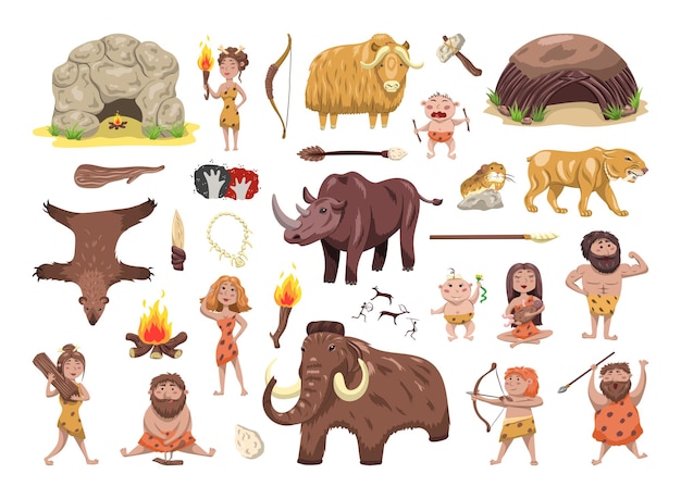 Illustrations with primeval people and animals in a cartoon style.