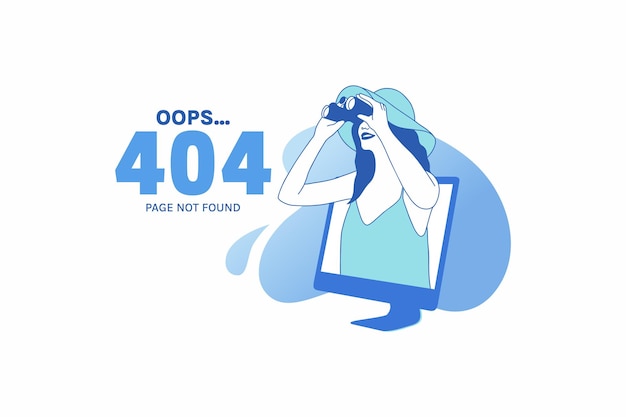 404 エラー デザイン コンセプトの双眼鏡探しのインターネット接続を使用している女性のイラスト