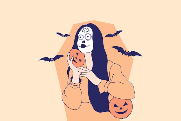 Vector illustrations woman with skull makeup holding pumpkin jack o lantern for halloween carnival concept