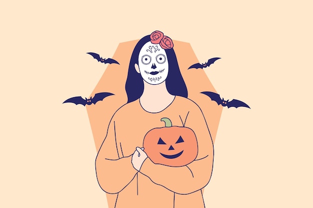 Иллюстрации женщина с макияжем черепа, держащая тыквенный джек о фонарь для концепции карнавала хэллоуина