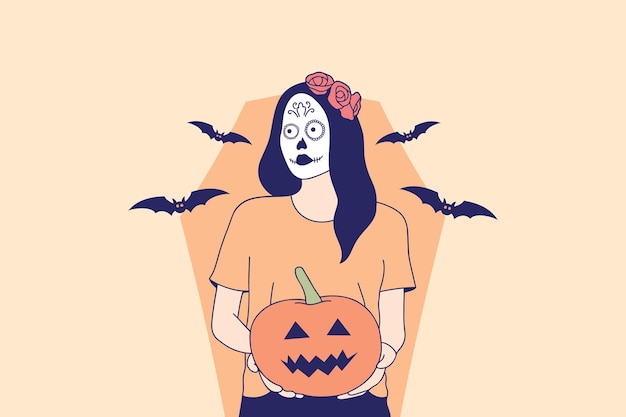 Illustrations woman with skull makeup holding pumpkin jack o lantern for halloween carnival concept