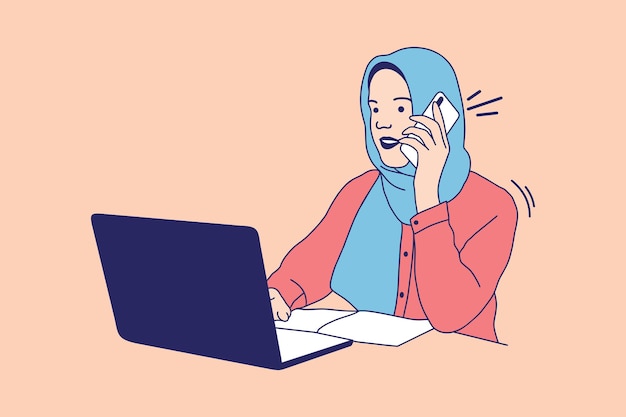 노트북 작업과 전화 통화를 하는 히잡을 쓴 젊은 이슬람 여성의 삽화