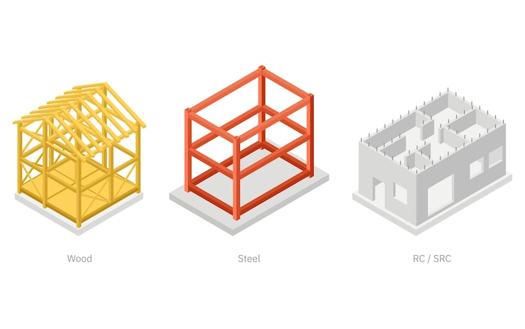 Vector illustrative illustrations of building structures isometric illustrations of wood steel reinforced concrete and steelframed reinforced concrete