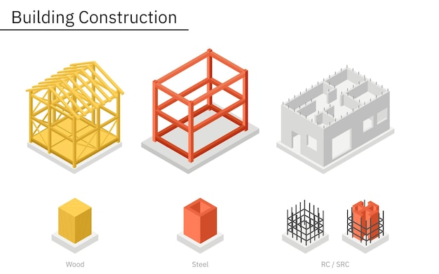 벡터 건물 구조의 일러스트레이티브 일러스트, 나무, 강철, 철근, 철근 콘크리트의 이소메트릭 일러스트