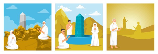 Illustrative scenes depicting pilgrimage practices in desert and sacred locations