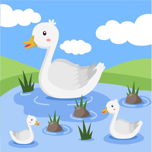 Vector illustrator of duck and family in the tub