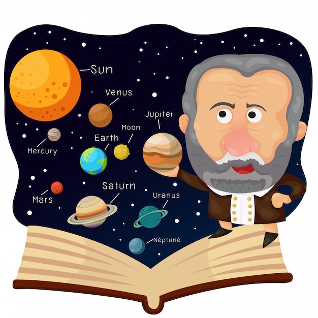 Illustratore di galileo e libro con universo