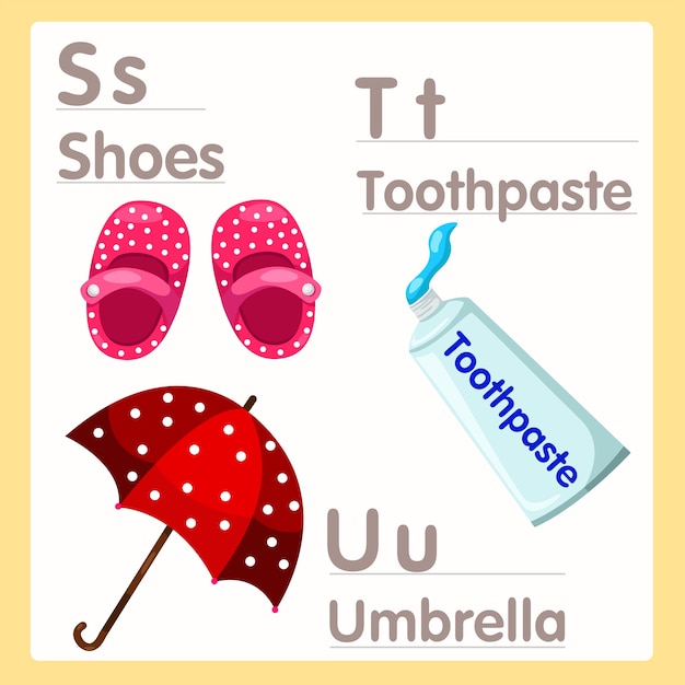 Illustrator of S T U with shoes toothpaste and umbrella alphabet