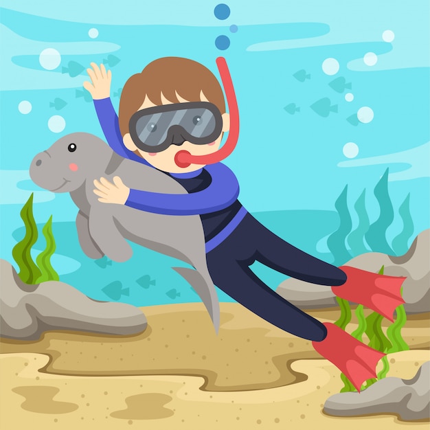 Illustrator van dugong en diver