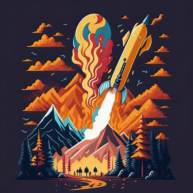 Illustrator vector raket stijgt uit het bos dikke rook en vuur