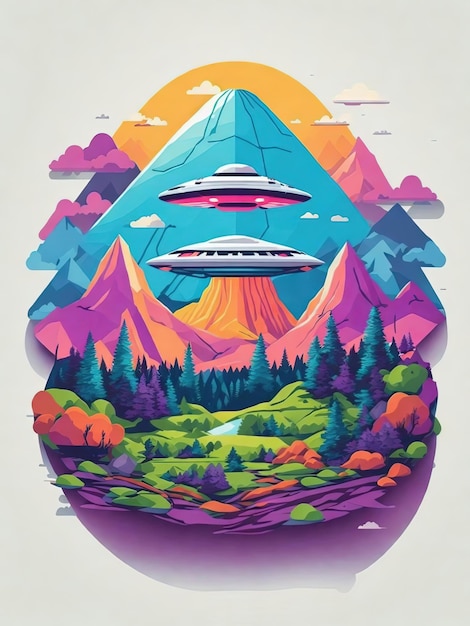 Vector illustrator vector ufo rises from the forest thick smoke and fire