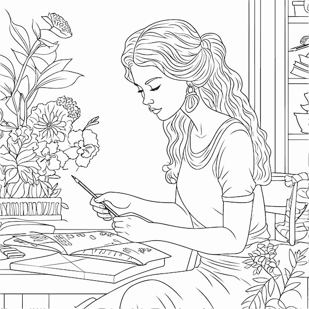 illustrustartion kleurboek pagina vrouw studie