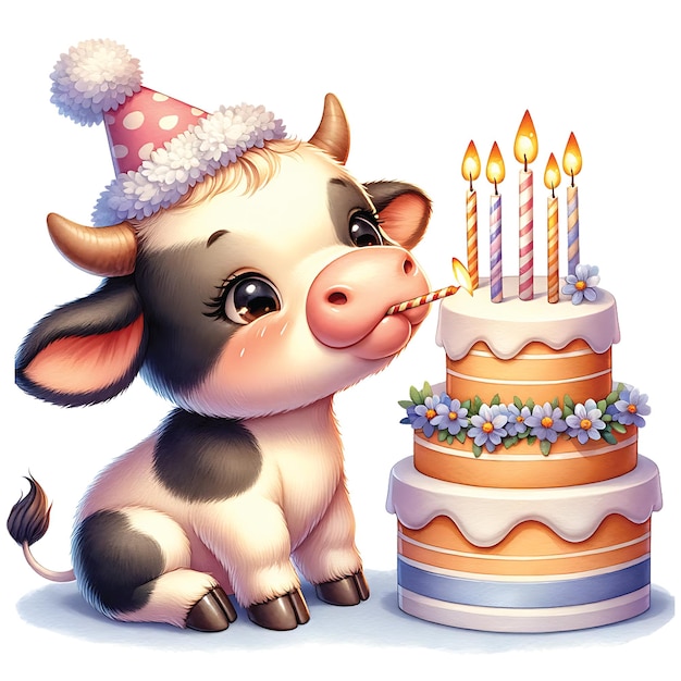 Ilustracao vaca bebe com bolo di anniversario