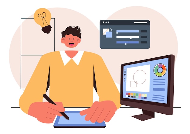 Ilustración vectorial de diseñador gráfico con creatividad y negocios con software de diseño para crear productos de dibujos animados y animación en segundo plano