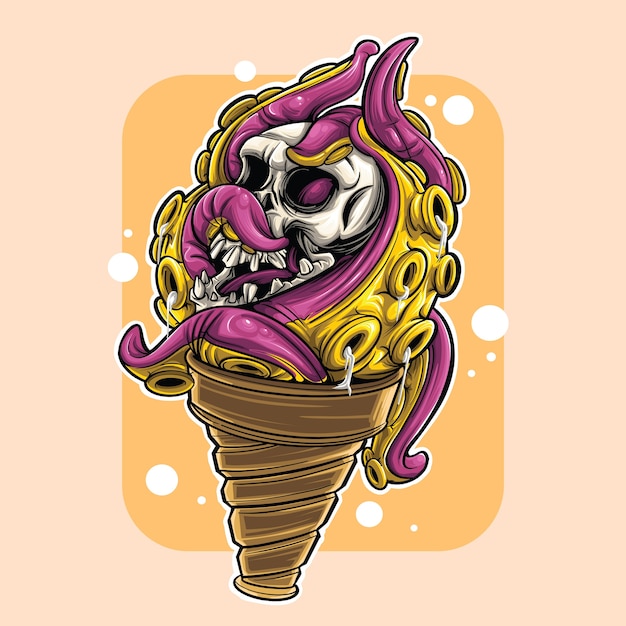 Vector ilustrasi es krim diatapi gurita dan tengkorak monster