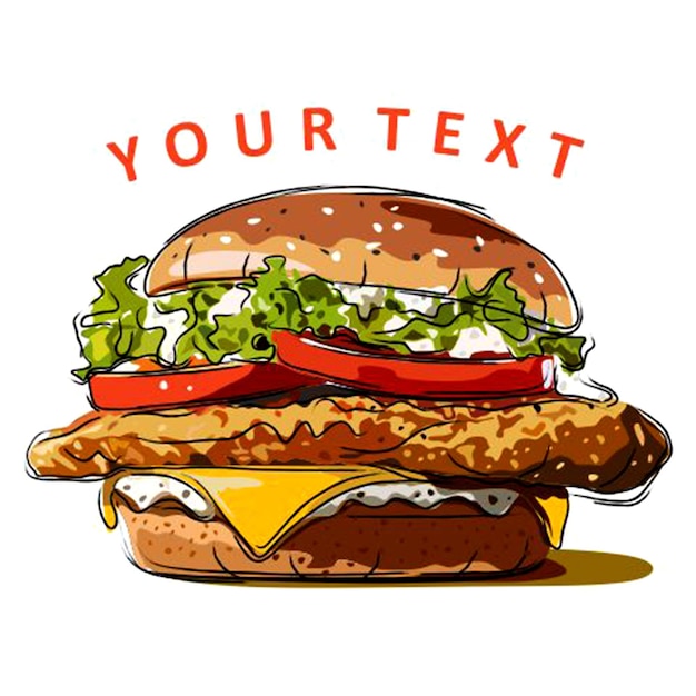иллюстрация, нарисованный от руки куриный бургер, иллюстрационный бургер