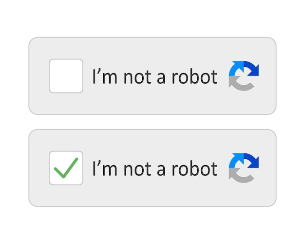 Я не робот Captcha проверка коробки зелёной отметиной удостоверение личности бота искусственный интеллект ai защита от несанкционированного доступа подозрительная деятельность синие круговые стрелки Вектор
