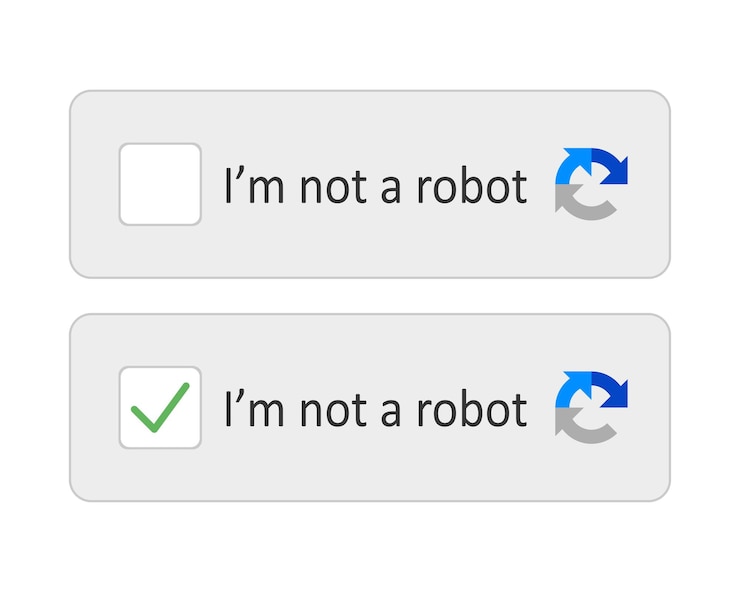 Vector im not a robot captcha check box green tick identity verification bot artificial intelligence ai protection from unauthorized access suspicious activity blue circular arrows vector