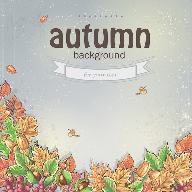 Image of autumn background with leaves, chestnuts and acorns.