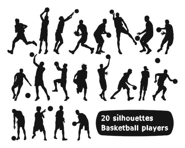 Изображение черных силуэтов баскетболистов в игре с мячом Баскетбол