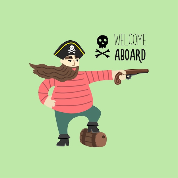 Изображение мультяшного пирата с длинной бородой и жилетом Добро пожаловать на борт