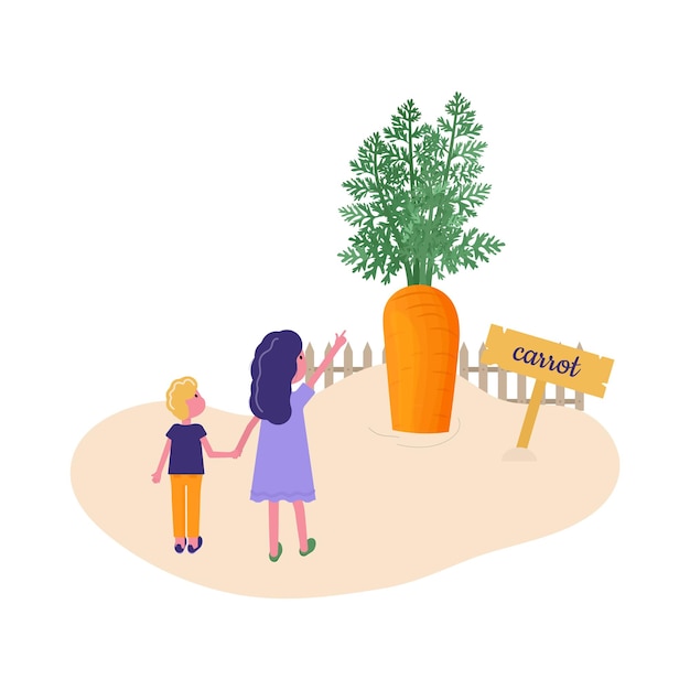 Изображение детей в саду, выращивающих большую морковь