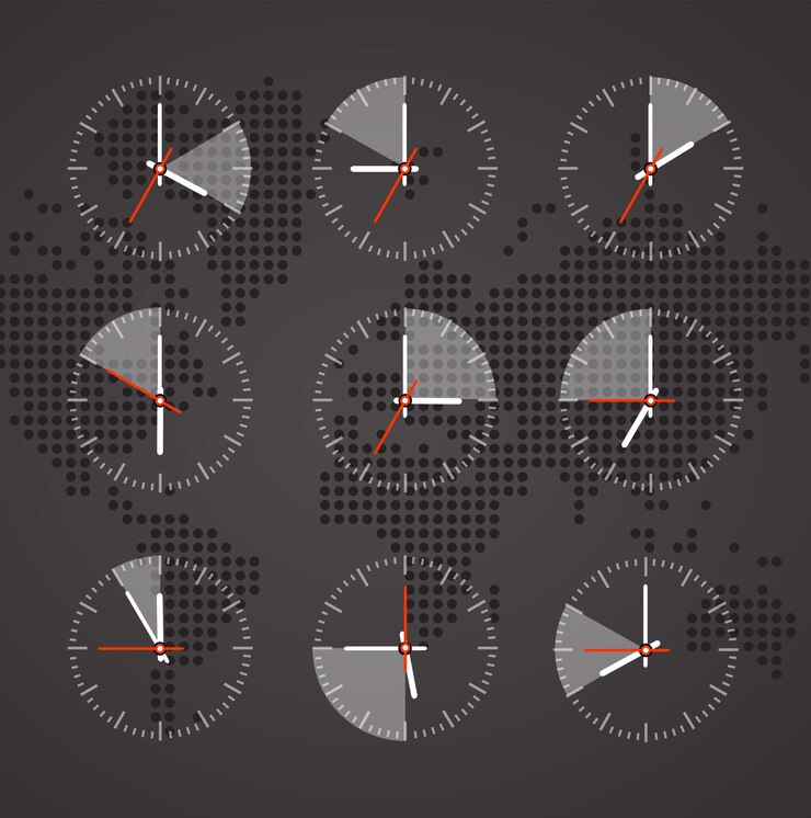 Vector image of a clock on a background map of the world with continents dark tones