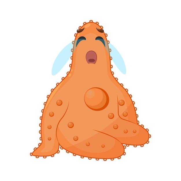 Sad unhappy cute blob fish character under water sea bottom