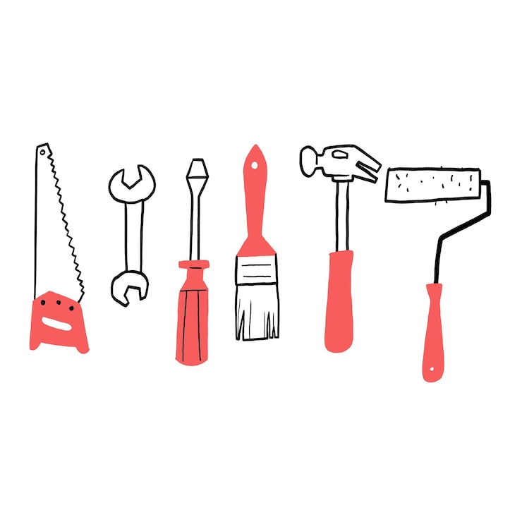Vector 이 이미지는 일반적으로 다양한 diy 및 건설 프로젝트에서 사용되는 여섯 개의 손 도구를 묘사합니다.