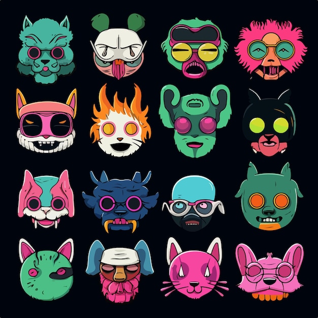 An image of different cartoon faces with colorful mask
