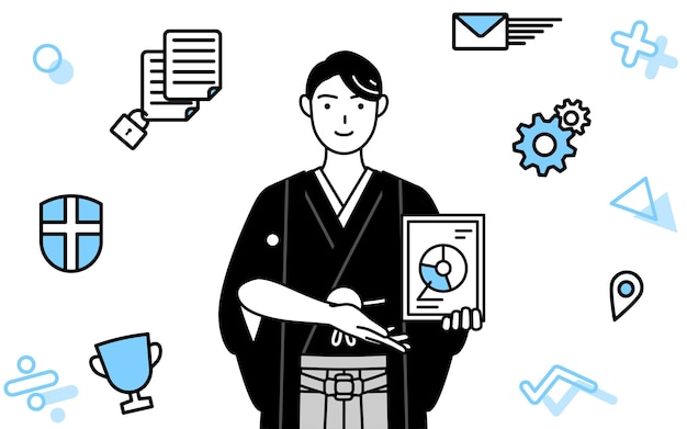 Image of DX Man wearing Hakama with crest using digital technology to improve his business