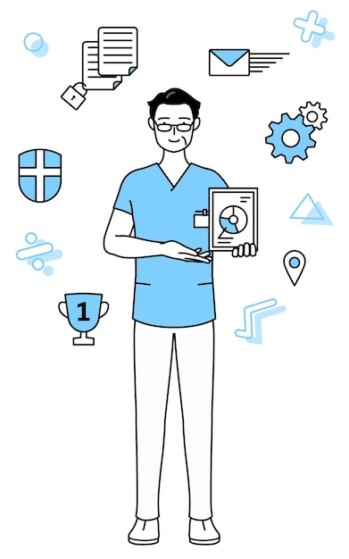 Изображение DX Медсестра среднего возраста, старший мужчина, физиотерапевт, эрготерапевт, логопед, помощник медсестры в униформе, использующий цифровые технологии для улучшения своего бизнеса