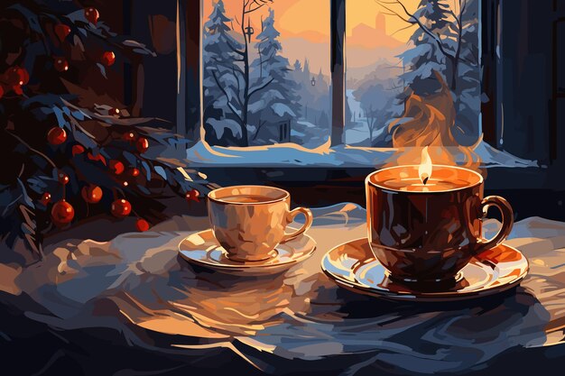 Image from a christmas composition with a mug candle cookies and snow