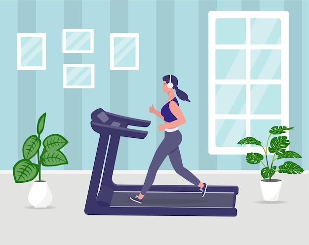 Image of a girl on a treadmill at home Vector illustration