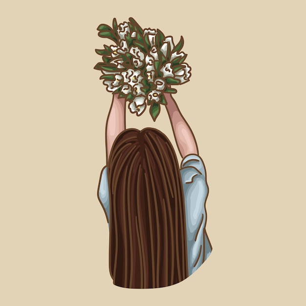Vector image of a girl with a bouquet of tulips. aesthetic picture