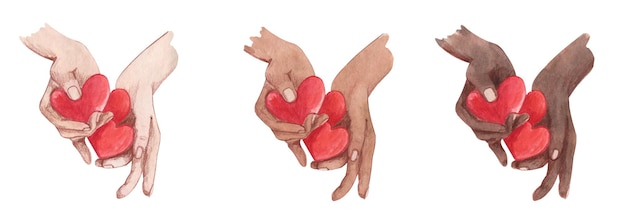 Vector image of hands of different skin tones with hearts in hands