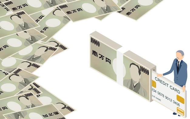 Image illustration of cashing with a credit card isometric Translation Japanese currency meaning 10000 yen